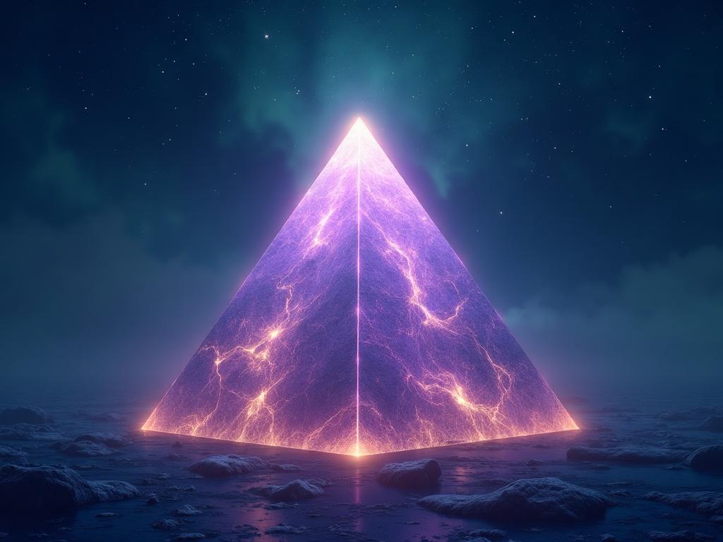 Pirámide sagrada de noche con energía espiritual suave en púrpuras, dorados y verdes azulados